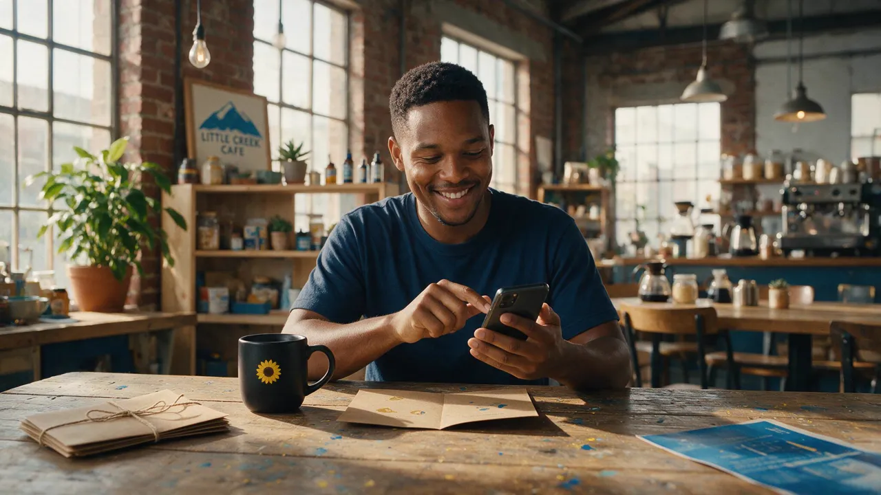 A cafe owner smiling while signing a document on his smartphone at a wooden counter