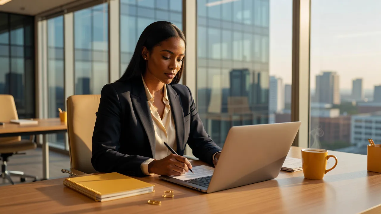 A businesswoman signing a contract on a laptop at a sunlit office desk